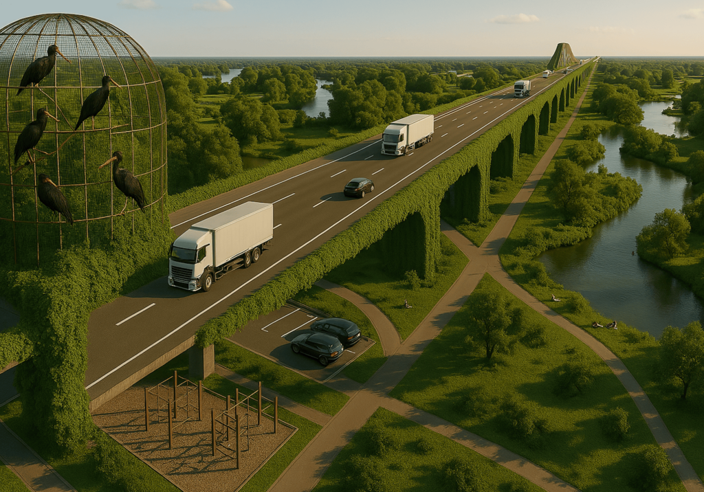 Brücke mit Fahrzeugen über begrüntem Park und Fluss