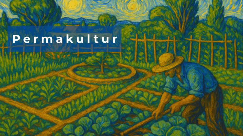 Gemüsegarten im Permakultur-Stil, Bauer arbeitet.