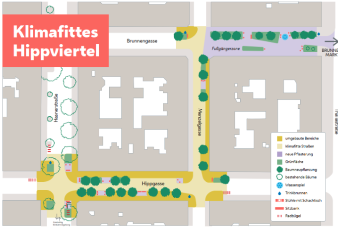 Stadtplan des klimafitten Hippviertels mit Fußgängerzone.