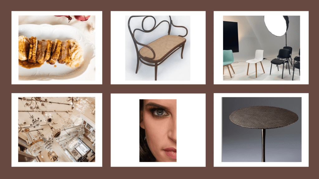 Collage mit Essen, Möbeln, Lampen, Gesicht, Tisch