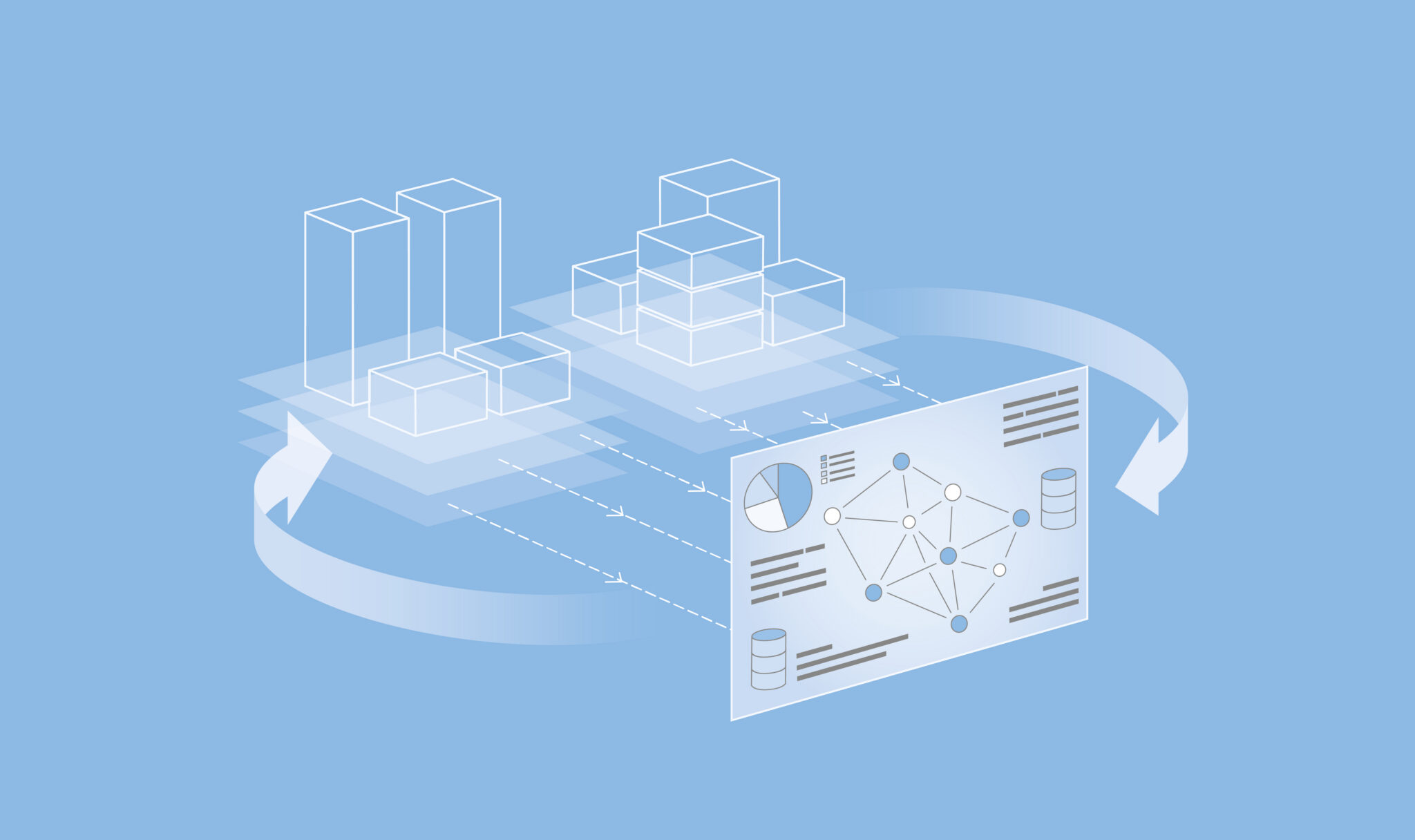 Grafische Darstellung von Datenanalyse mit vernetzten Knoten, Diagrammen und Datenbanken, verbunden durch Pfeile in einem zyklischen Prozess.
