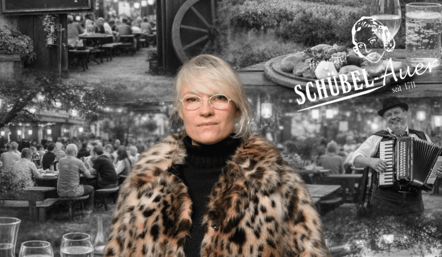 Frau in Leopardenjacke vor Heurigen-Collage